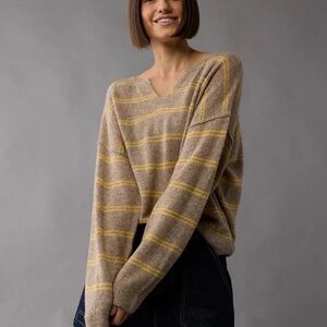 American Eagle Outfitters Taupe Crewneck Sweater with Yellow Stripes